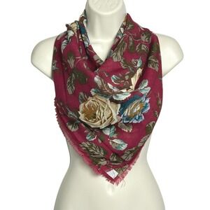 Club 7 Echo Wool Scarf 34"x34" Red Floral Roses Old Money Made in Japan